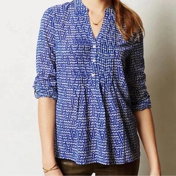 HD in Paris Kaveri blue & white print long sleeve henley top size 4 - Picture 1 of 12